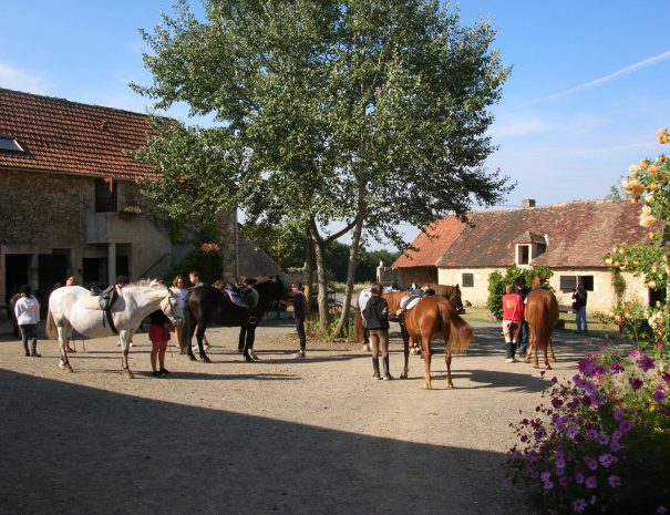 Groupes de cavaliers et leurs montures dans la cour